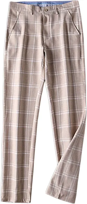 Men's Slim-Fit Flat-Front Dress Pant Straight Fit Plaid Stretch Skinny Casual Business Dress Chinos Pants (31,Light Brown)
