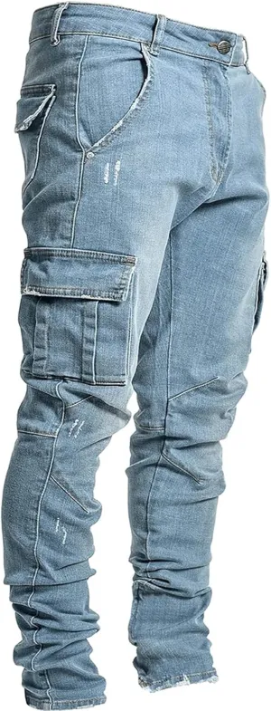 Men's Slim Fit Stretch Cargo Jeans Moto Biker Skinny Ripped Denim Pencil Pants Fashion Pocketed Straight Casual Pants