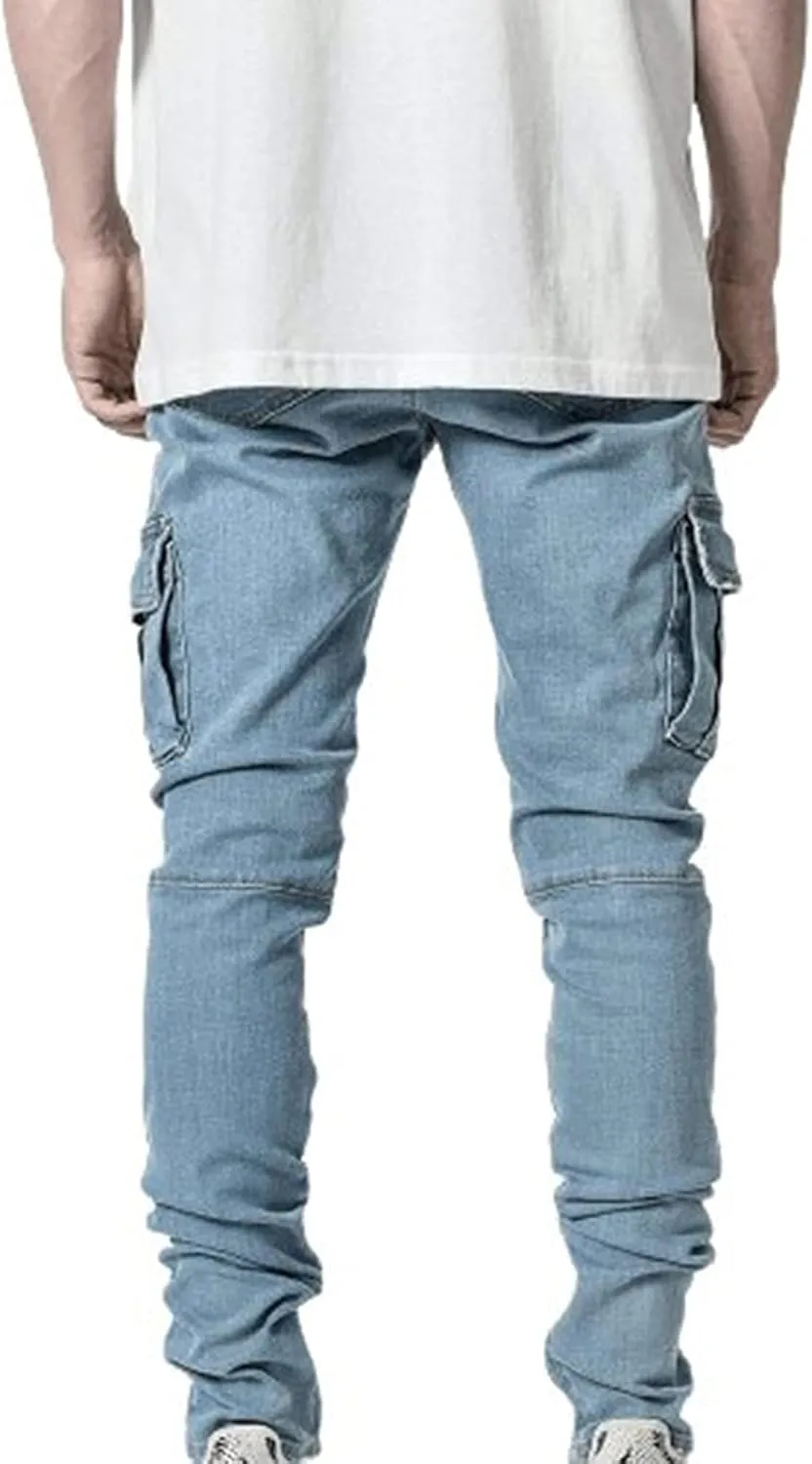 Men's Slim Fit Stretch Cargo Jeans Moto Biker Skinny Ripped Denim Pencil Pants Fashion Pocketed Straight Casual Pants