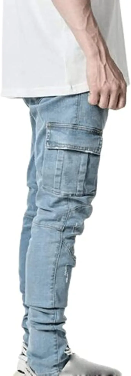Men's Slim Fit Stretch Cargo Jeans Moto Biker Skinny Ripped Denim Pencil Pants Fashion Pocketed Straight Casual Pants