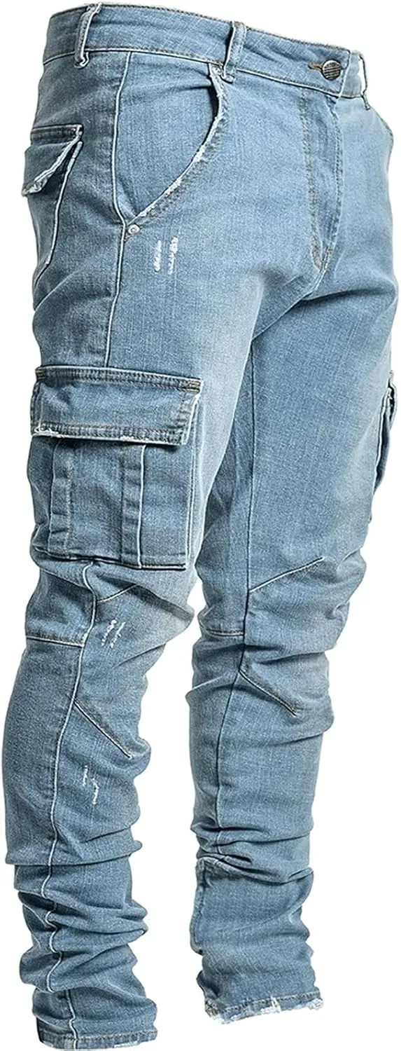 Men's Slim Fit Stretch Cargo Jeans Moto Biker Skinny Ripped Denim Pencil Pants Fashion Pocketed Straight Casual Pants