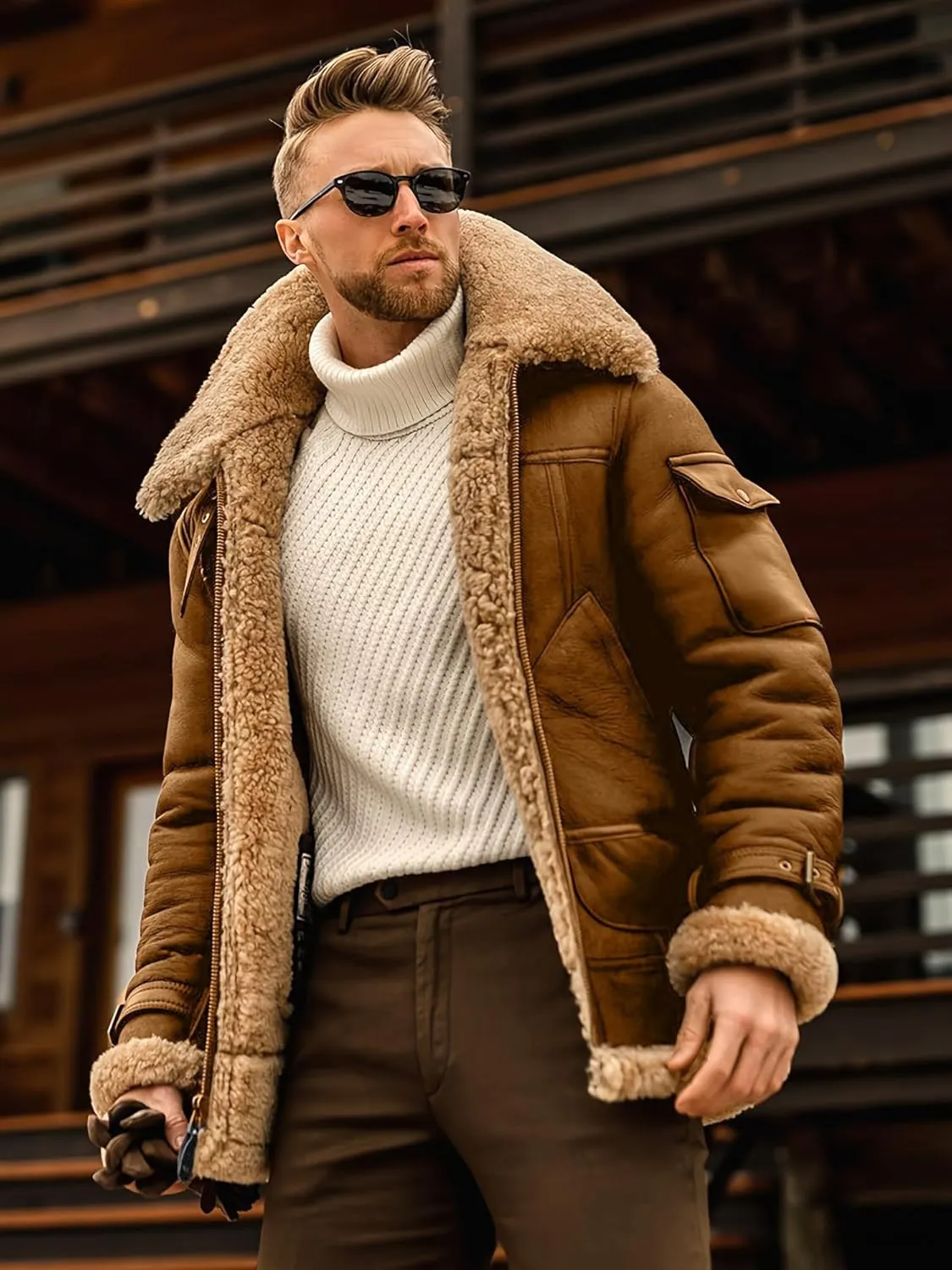 Men's suede Sherpa sheep shearing synthetic fur coat men's faux fur pilot jacket winter coat fur collar jacket