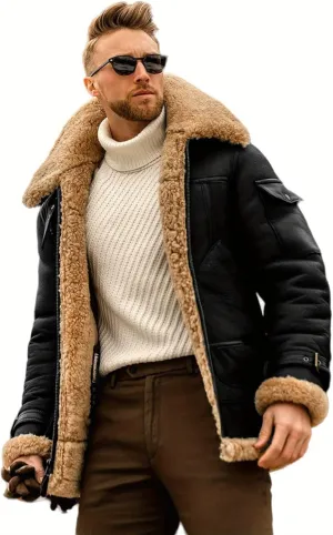 Men's suede Sherpa sheep shearing synthetic fur coat men's faux fur pilot jacket winter coat fur collar jacket