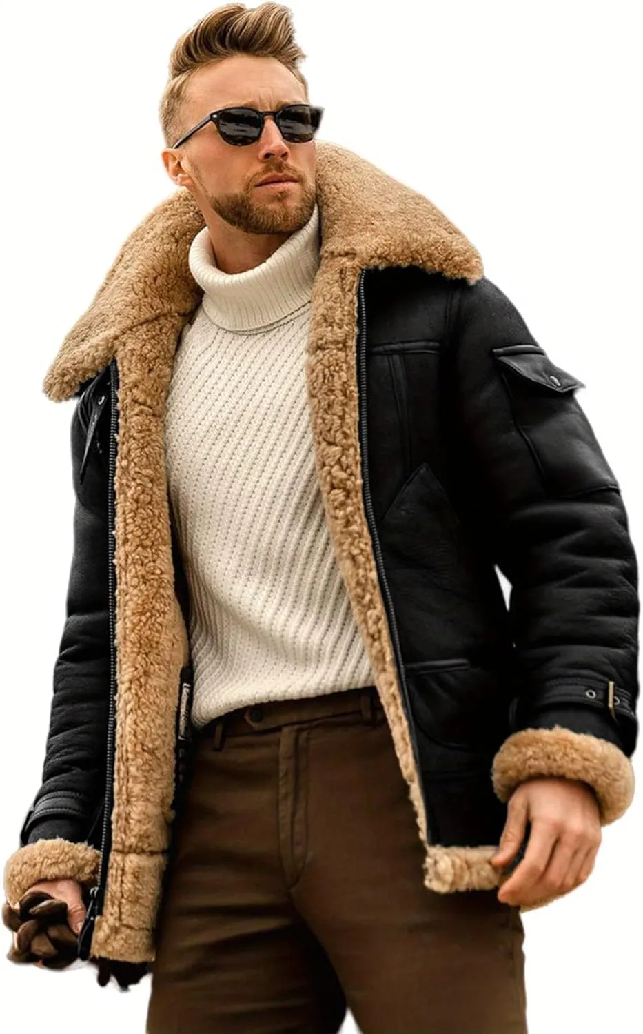 Men's suede Sherpa sheep shearing synthetic fur coat men's faux fur pilot jacket winter coat fur collar jacket