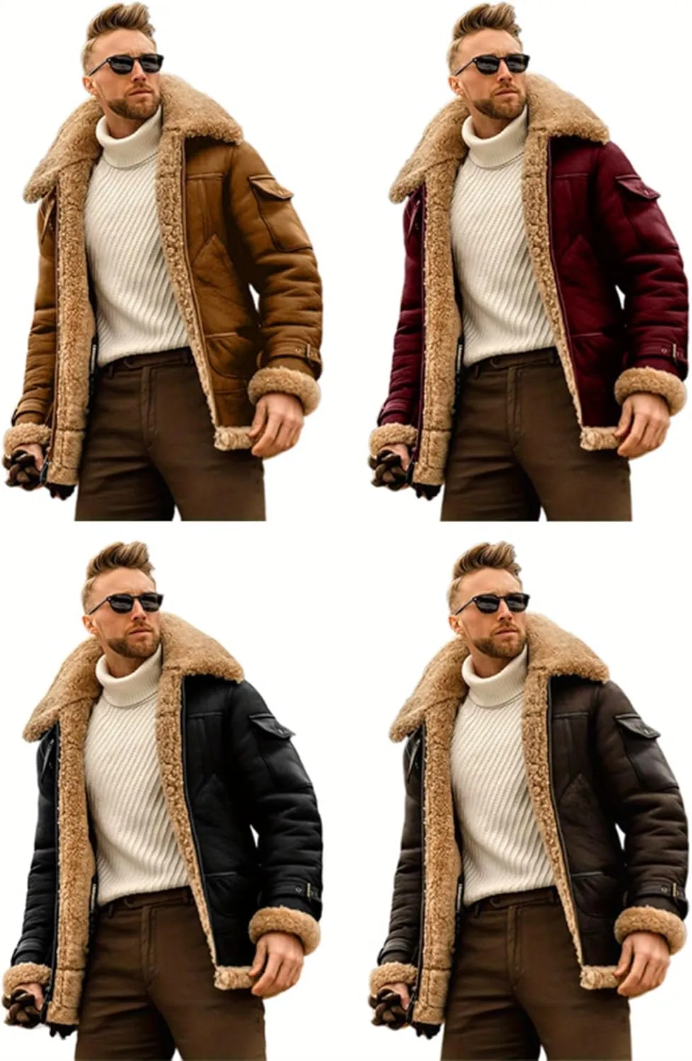 Men's suede Sherpa sheep shearing synthetic fur coat men's faux fur pilot jacket winter coat fur collar jacket