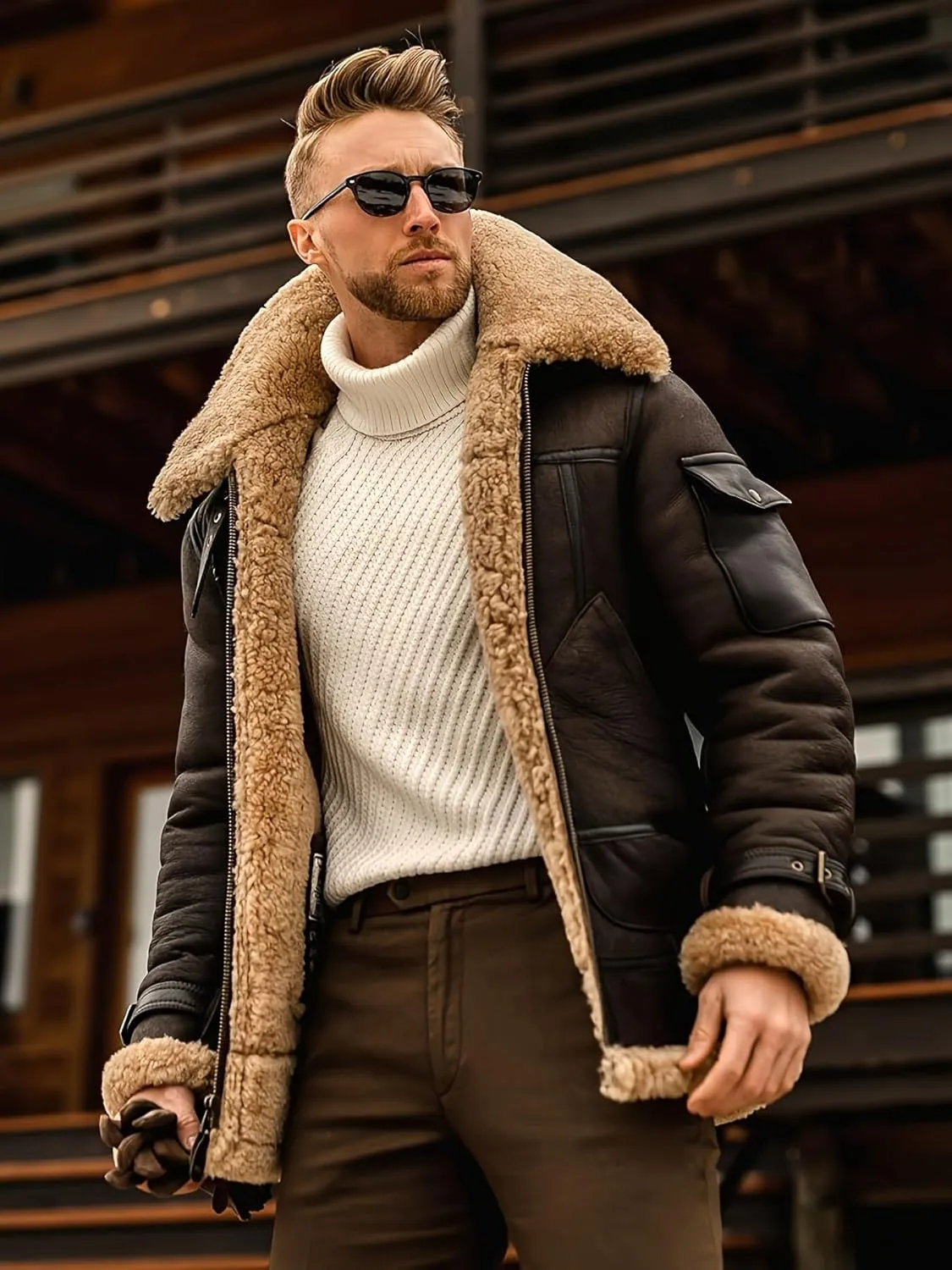 Men's suede Sherpa sheep shearing synthetic fur coat men's faux fur pilot jacket winter coat fur collar jacket