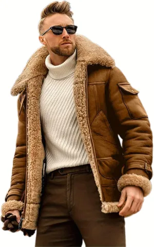 Men's suede Sherpa sheep shearing synthetic fur coat men's faux fur pilot jacket winter coat fur collar jacket