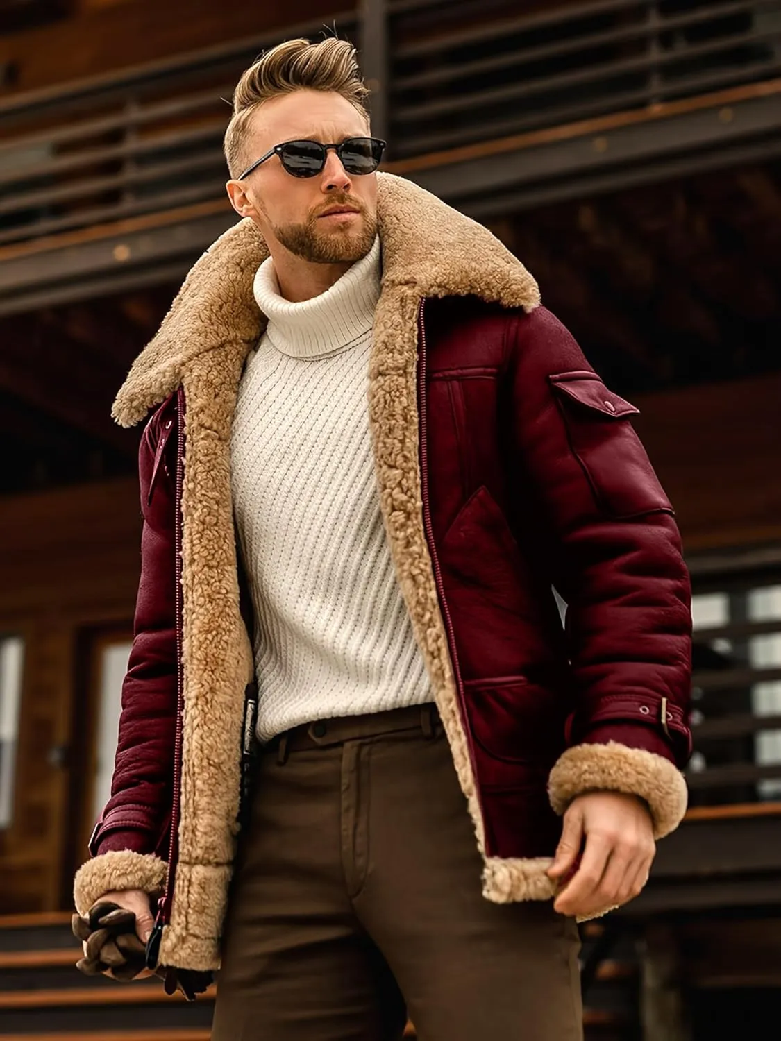 Men's suede Sherpa sheep shearing synthetic fur coat men's faux fur pilot jacket winter coat fur collar jacket