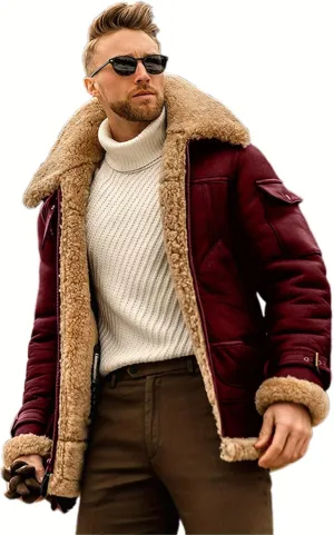 Men's suede Sherpa sheep shearing synthetic fur coat men's faux fur pilot jacket winter coat fur collar jacket