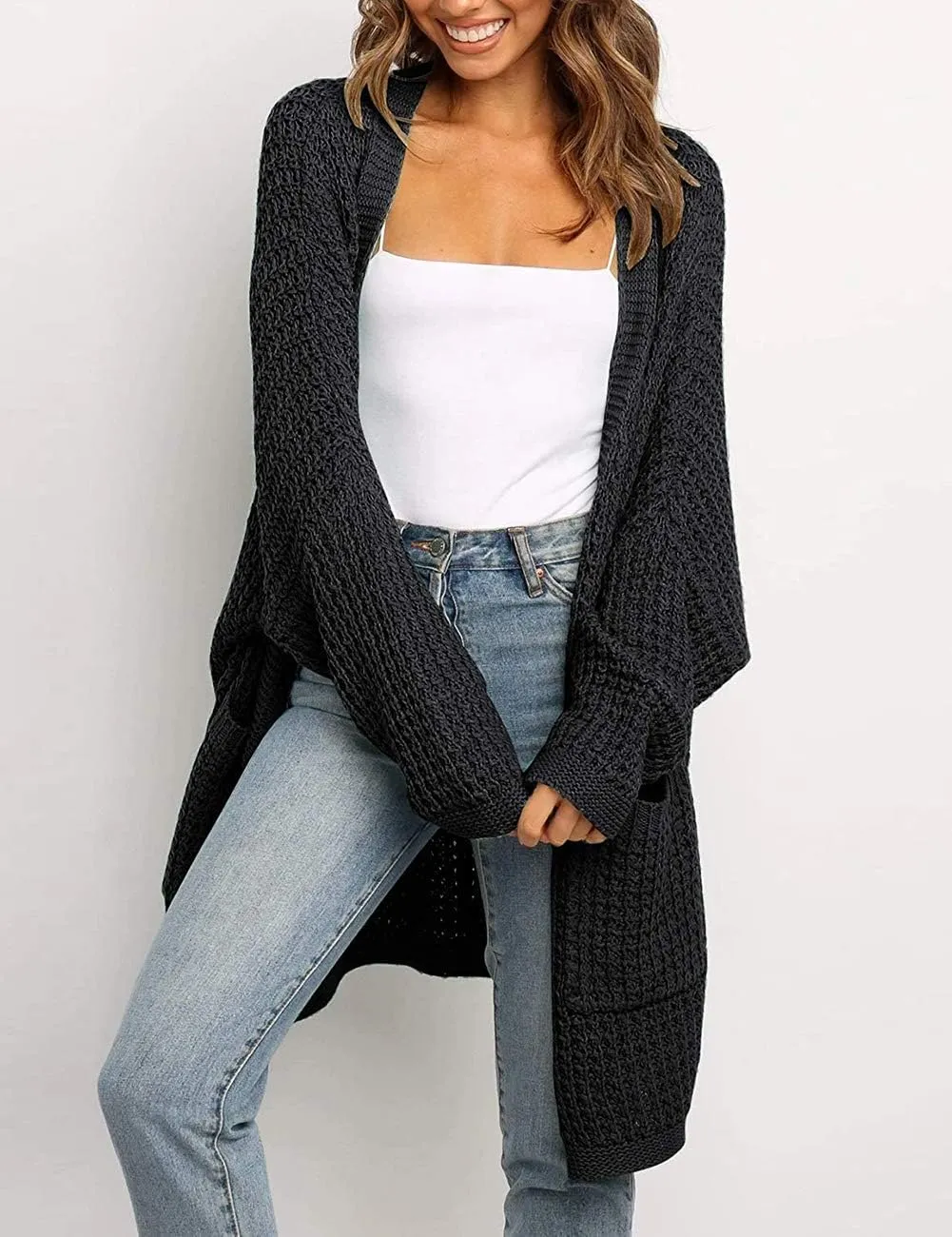MEROKEETY Women's Oversized Long Batwing Sleeve Cardigan Waffle Knit Sweater Coat