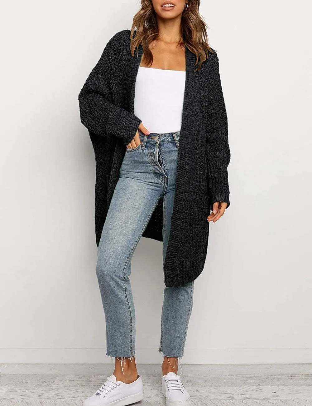MEROKEETY Women's Oversized Long Batwing Sleeve Cardigan Waffle Knit Sweater Coat