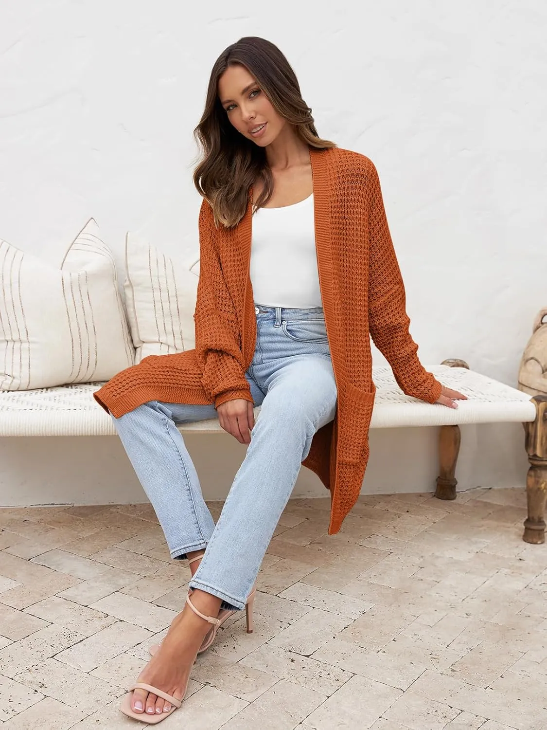 MEROKEETY Women's Oversized Long Batwing Sleeve Cardigan Waffle Knit Sweater Coat