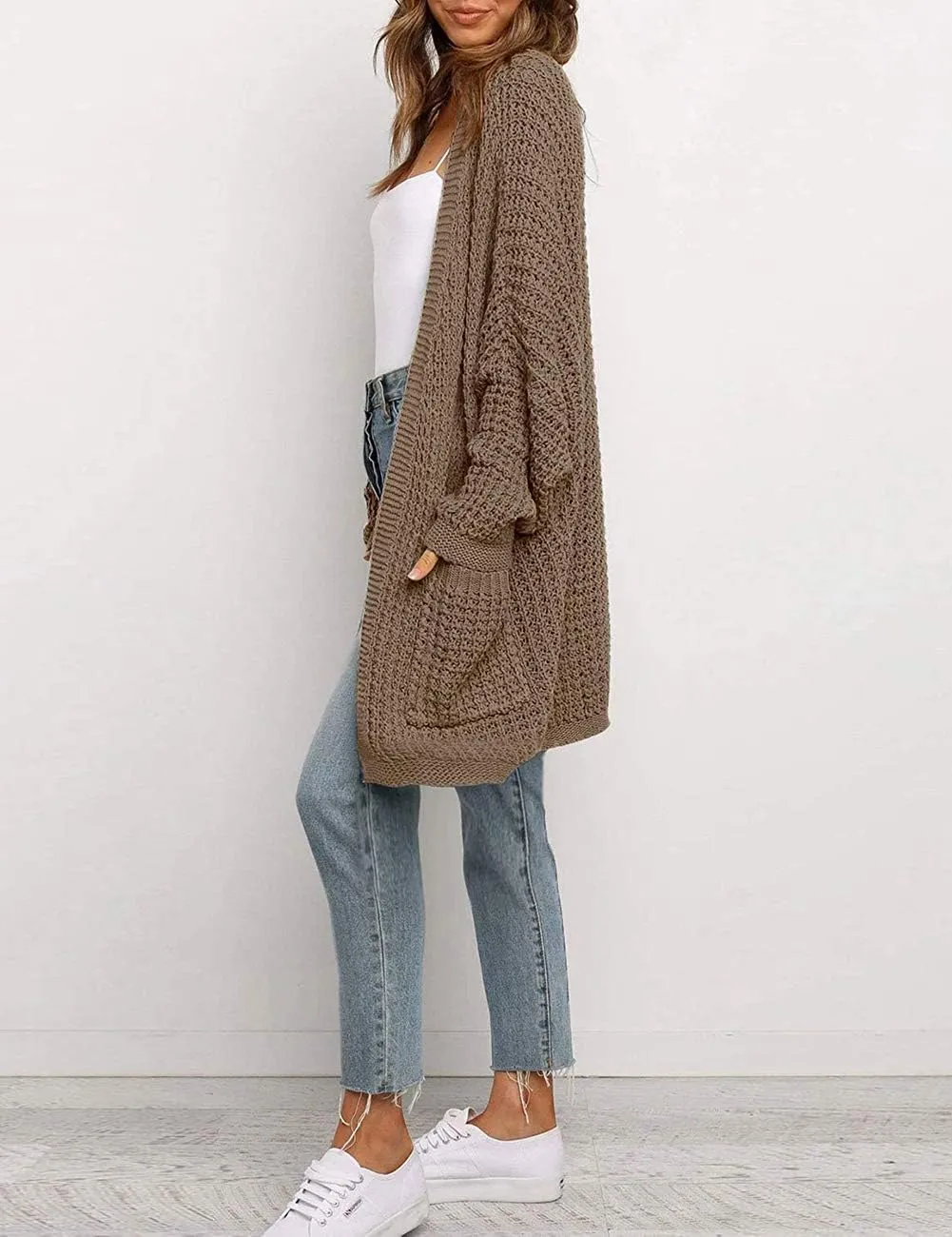 MEROKEETY Women's Oversized Long Batwing Sleeve Cardigan Waffle Knit Sweater Coat