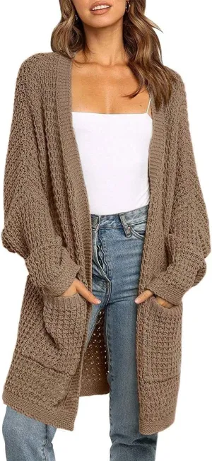 MEROKEETY Women's Oversized Long Batwing Sleeve Cardigan Waffle Knit Sweater Coat