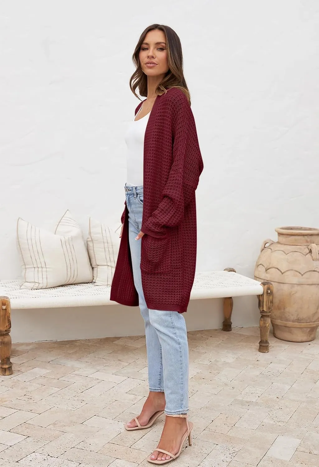 MEROKEETY Women's Oversized Long Batwing Sleeve Cardigan Waffle Knit Sweater Coat