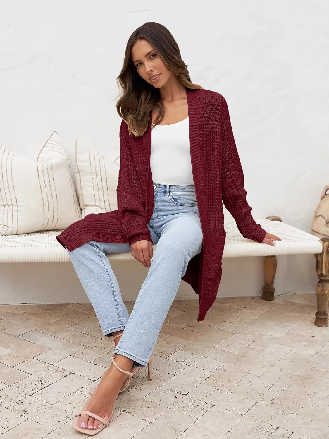MEROKEETY Women's Oversized Long Batwing Sleeve Cardigan Waffle Knit Sweater Coat
