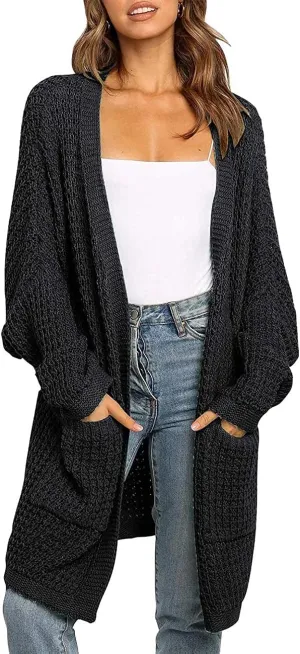 MEROKEETY Women's Oversized Long Batwing Sleeve Cardigan Waffle Knit Sweater Coat