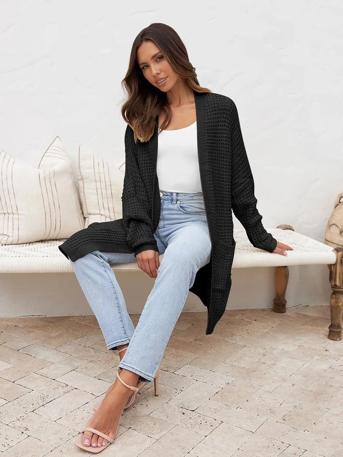 MEROKEETY Women's Oversized Long Batwing Sleeve Cardigan Waffle Knit Sweater Coat