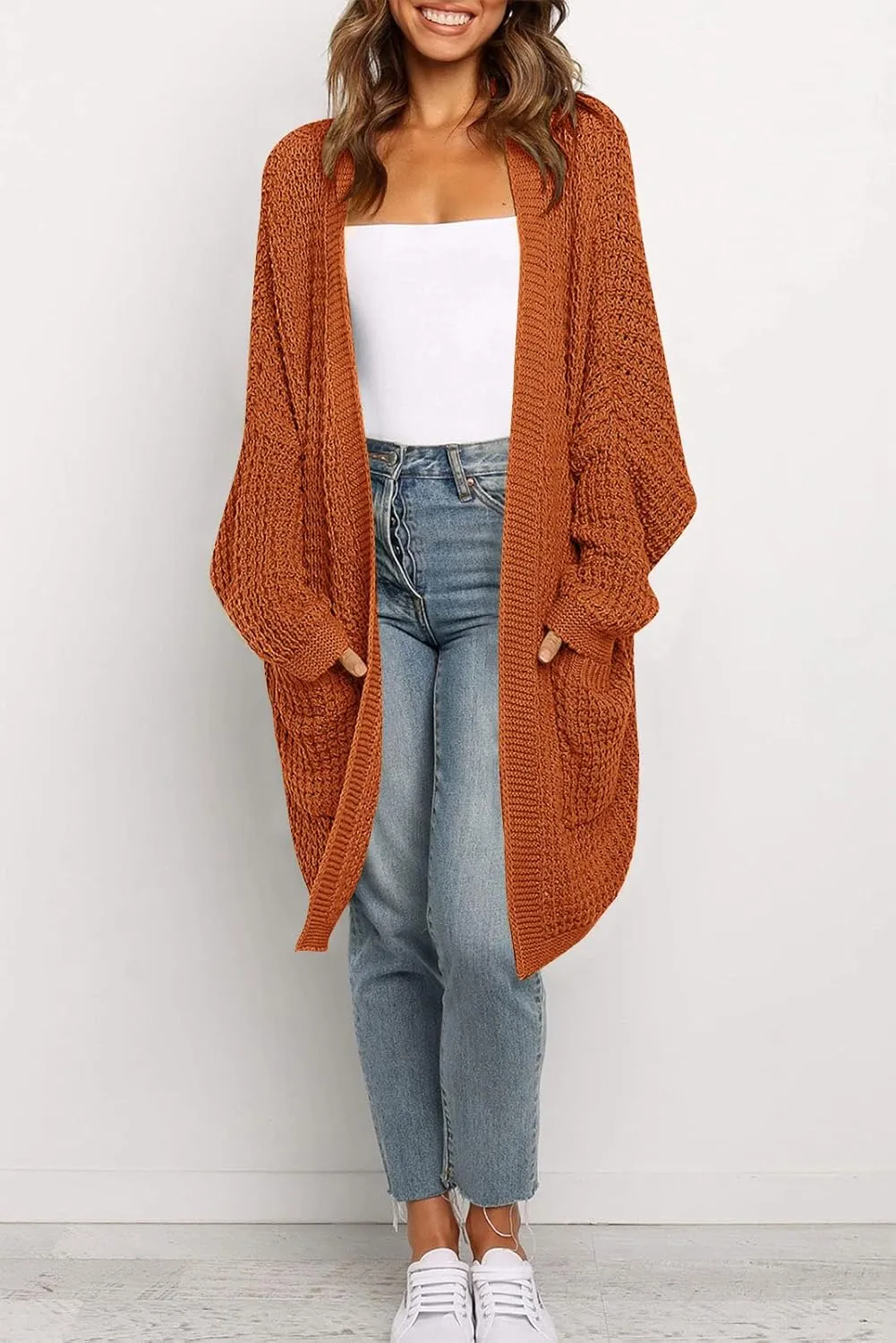 MEROKEETY Women's Oversized Long Batwing Sleeve Cardigan Waffle Knit Sweater Coat