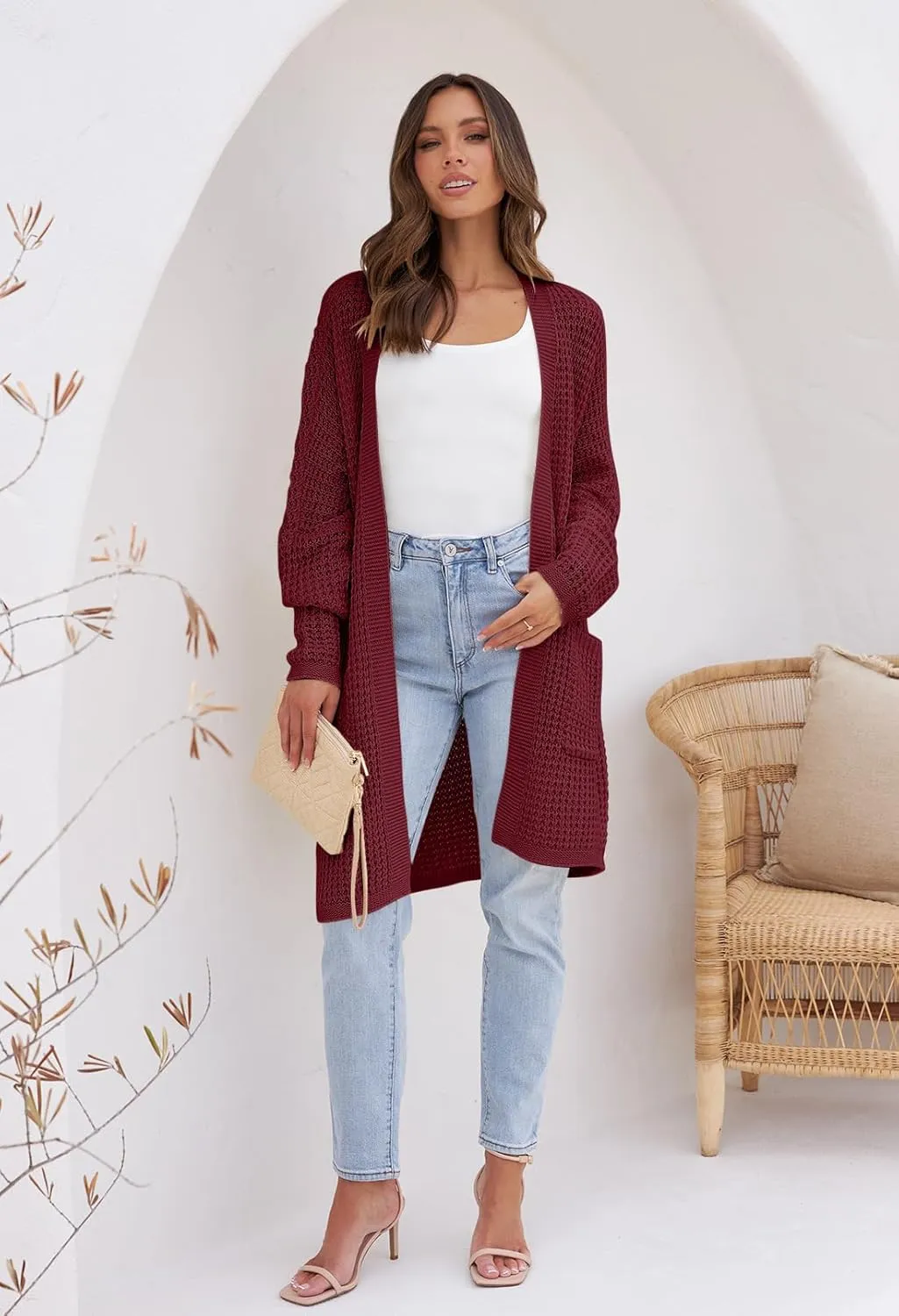 MEROKEETY Women's Oversized Long Batwing Sleeve Cardigan Waffle Knit Sweater Coat