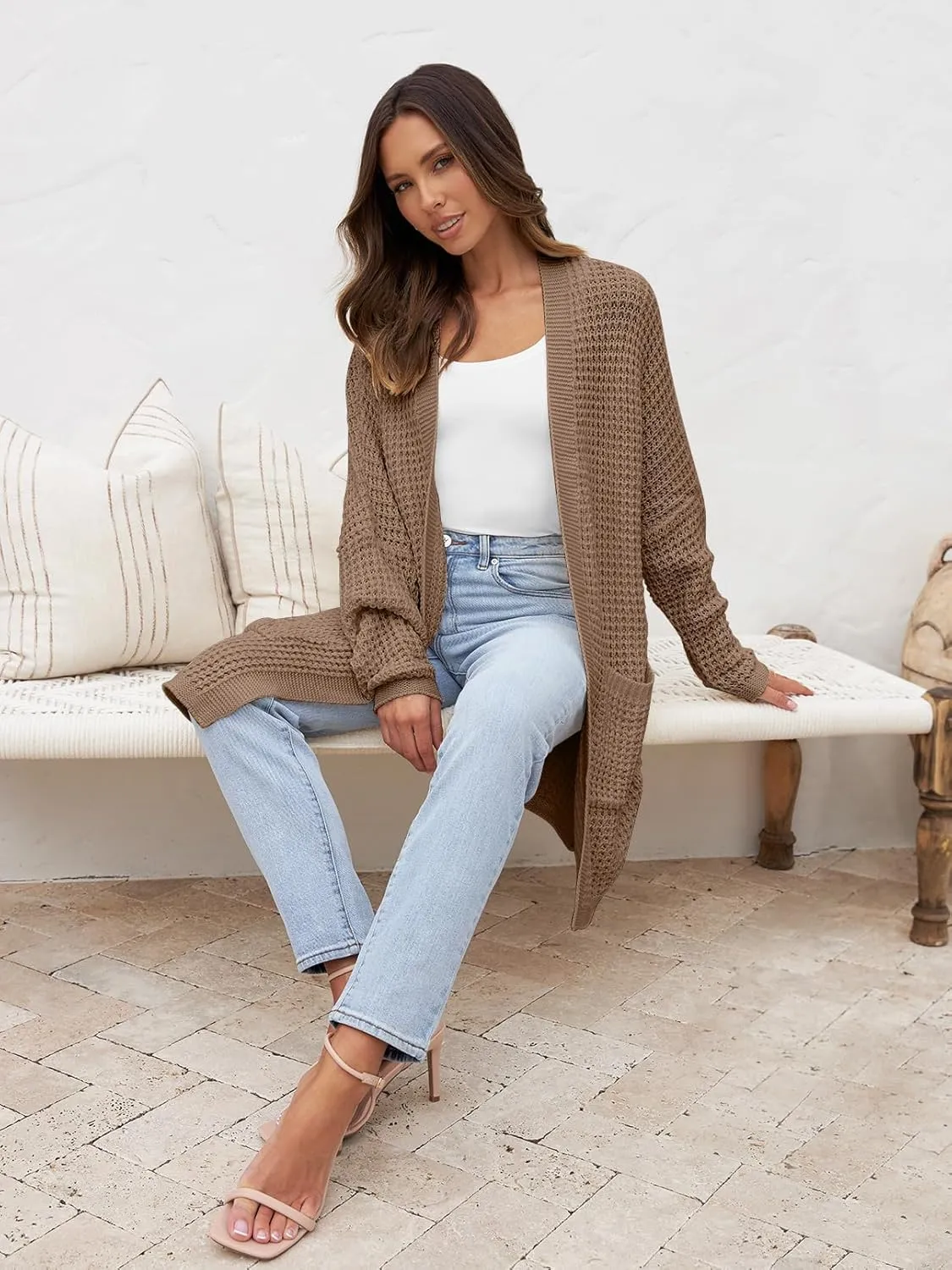 MEROKEETY Women's Oversized Long Batwing Sleeve Cardigan Waffle Knit Sweater Coat