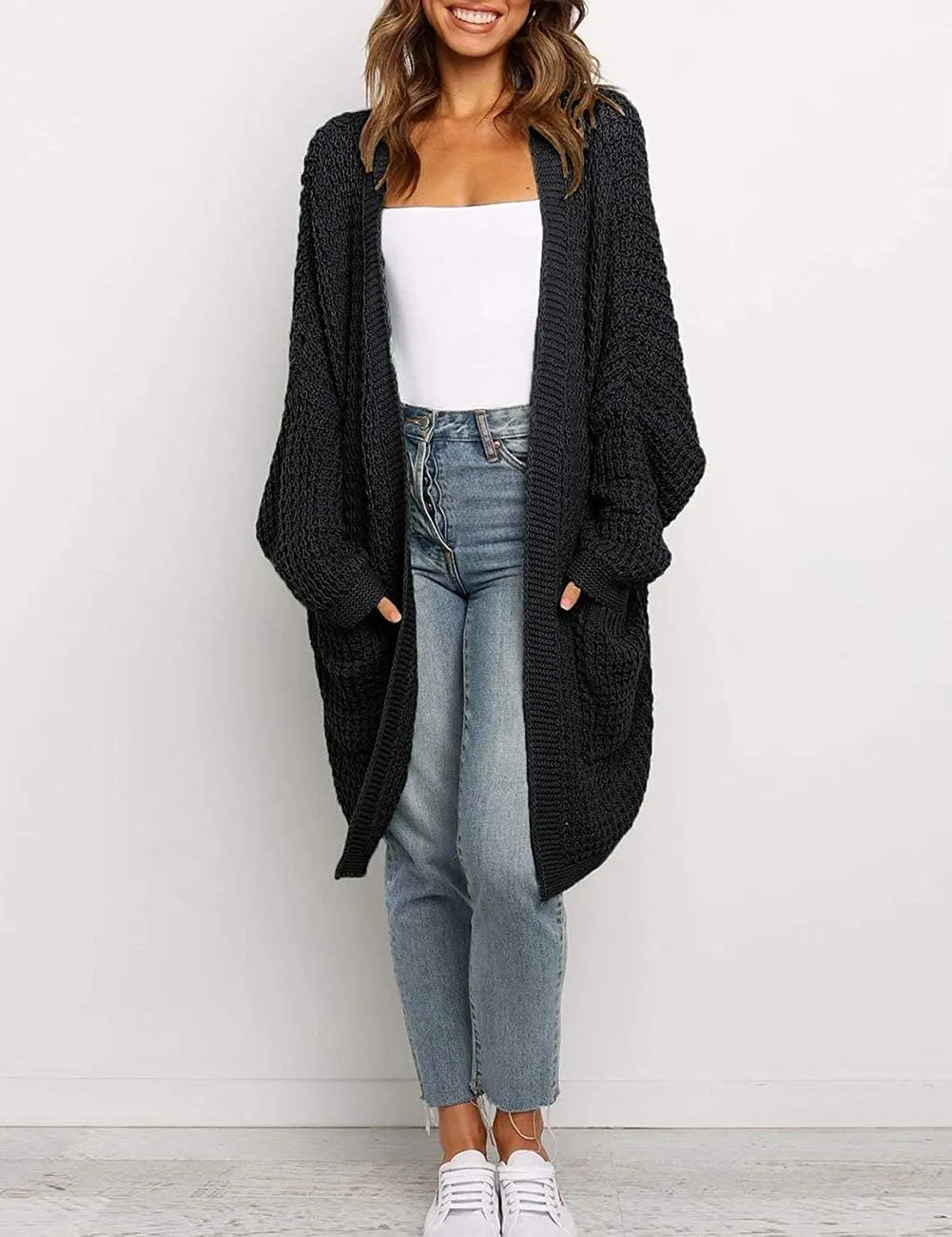 MEROKEETY Women's Oversized Long Batwing Sleeve Cardigan Waffle Knit Sweater Coat