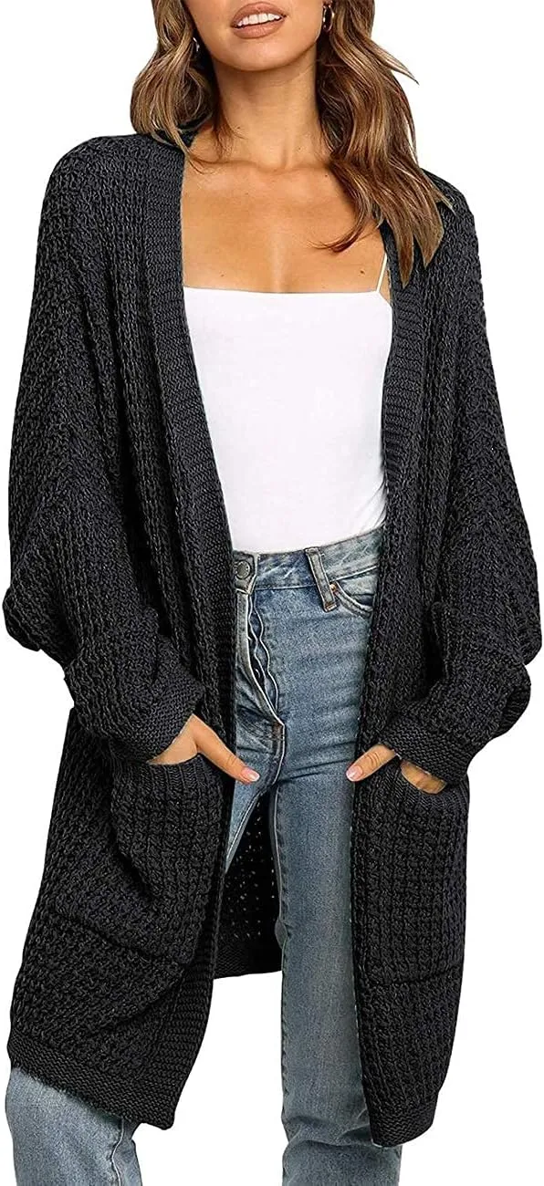MEROKEETY Women's Oversized Long Batwing Sleeve Cardigan Waffle Knit Sweater Coat