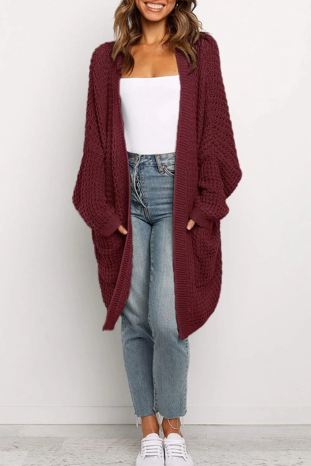 MEROKEETY Women's Oversized Long Batwing Sleeve Cardigan Waffle Knit Sweater Coat