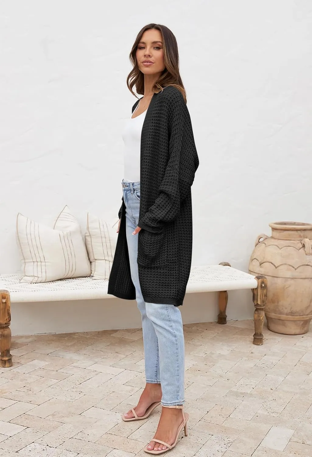 MEROKEETY Women's Oversized Long Batwing Sleeve Cardigan Waffle Knit Sweater Coat