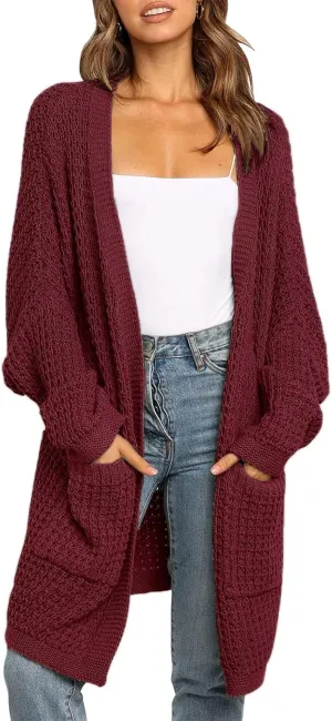 MEROKEETY Women's Oversized Long Batwing Sleeve Cardigan Waffle Knit Sweater Coat