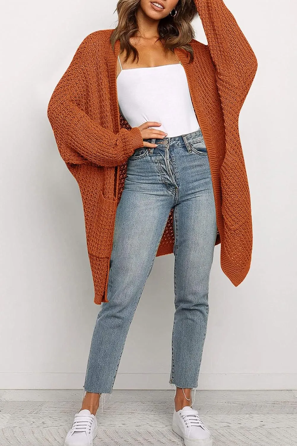 MEROKEETY Women's Oversized Long Batwing Sleeve Cardigan Waffle Knit Sweater Coat