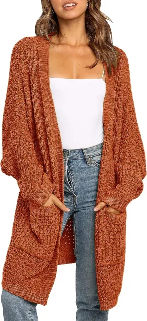 MEROKEETY Women's Oversized Long Batwing Sleeve Cardigan Waffle Knit Sweater Coat