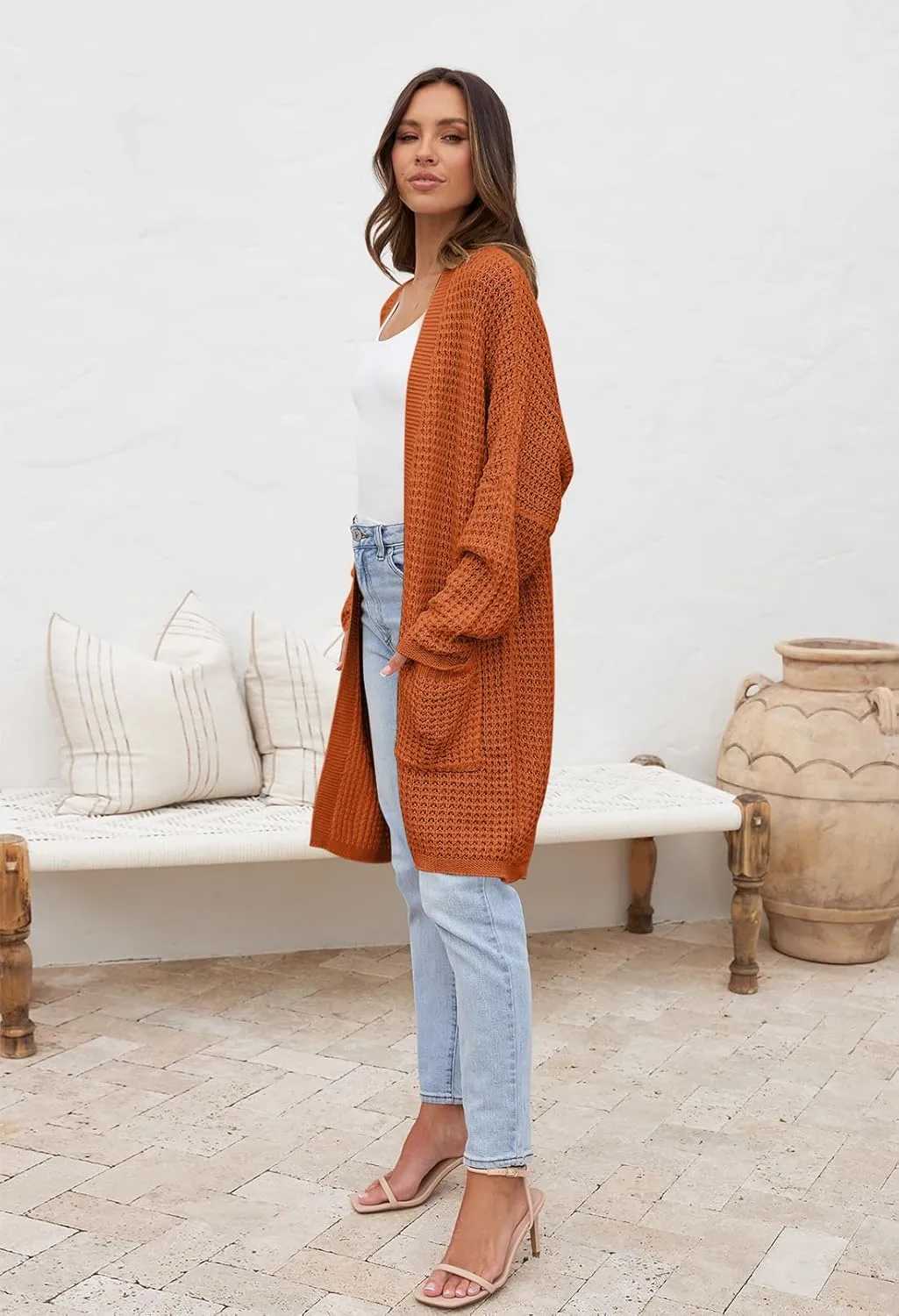 MEROKEETY Women's Oversized Long Batwing Sleeve Cardigan Waffle Knit Sweater Coat