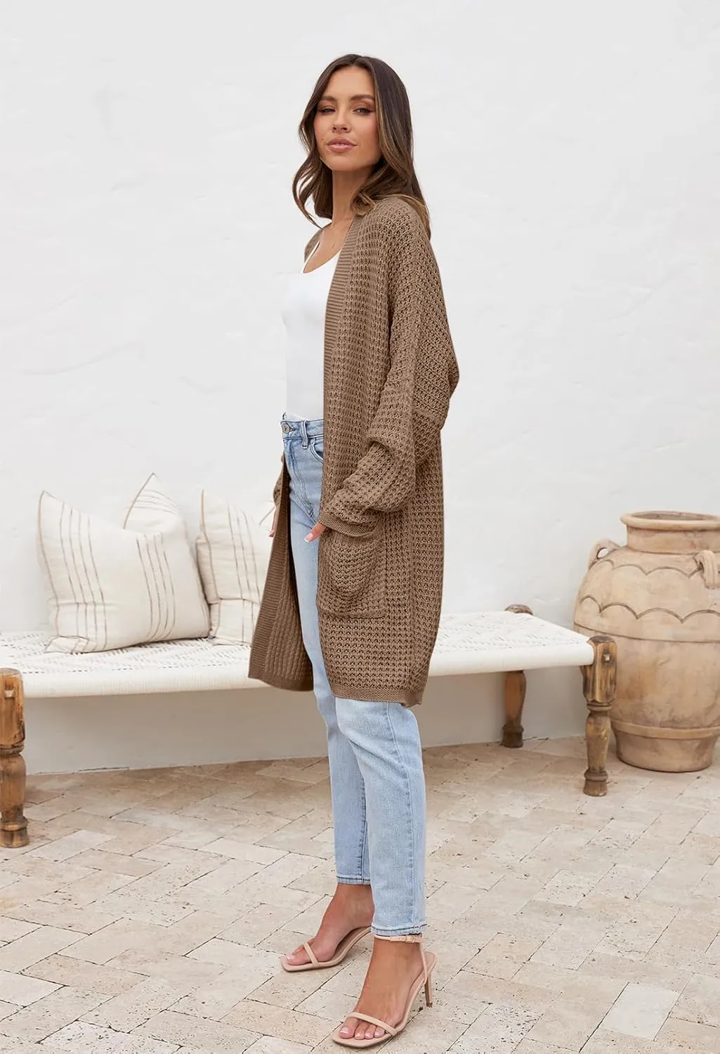 MEROKEETY Women's Oversized Long Batwing Sleeve Cardigan Waffle Knit Sweater Coat