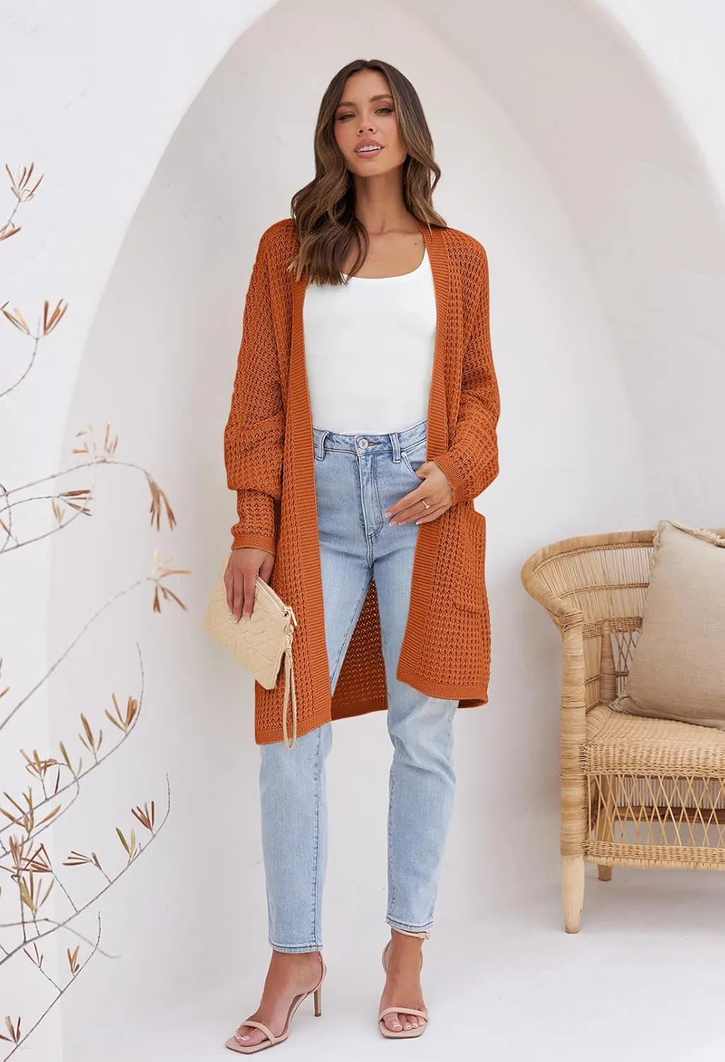 MEROKEETY Women's Oversized Long Batwing Sleeve Cardigan Waffle Knit Sweater Coat