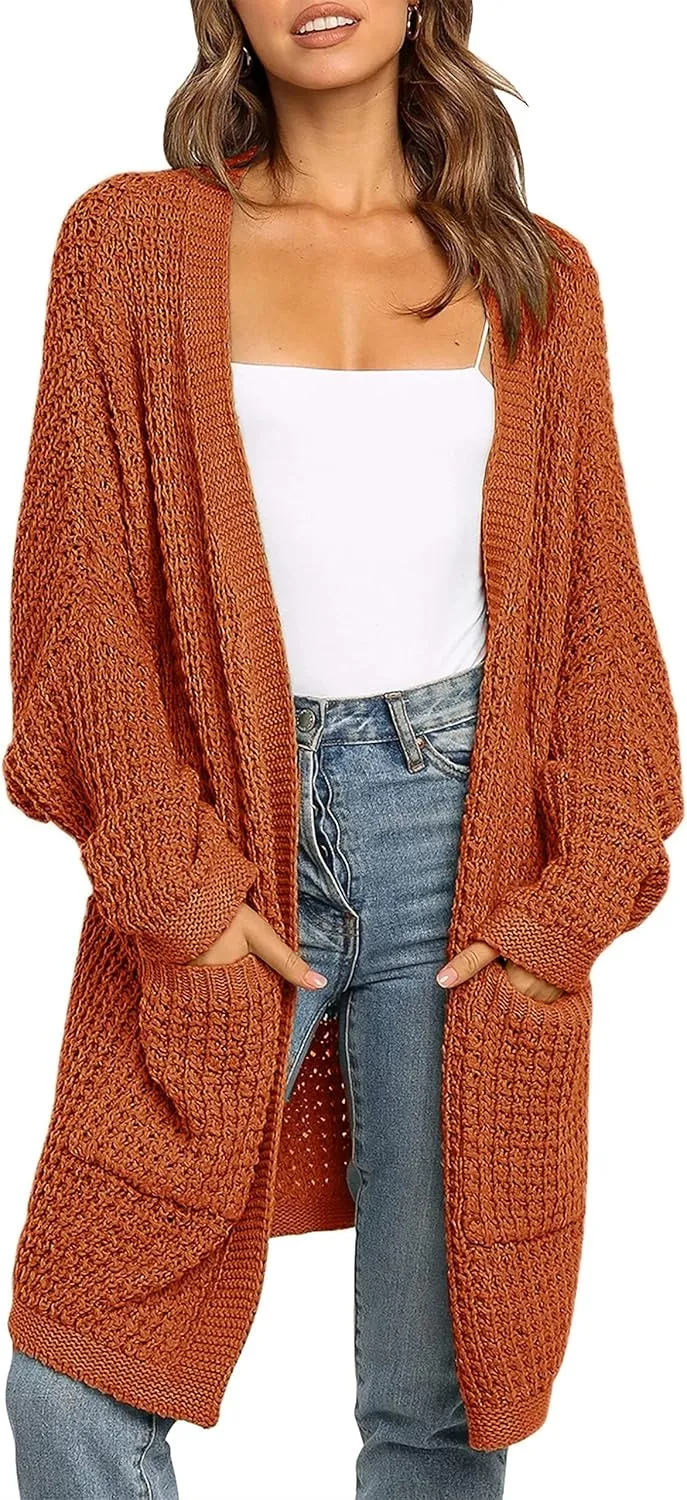 MEROKEETY Women's Oversized Long Batwing Sleeve Cardigan Waffle Knit Sweater Coat