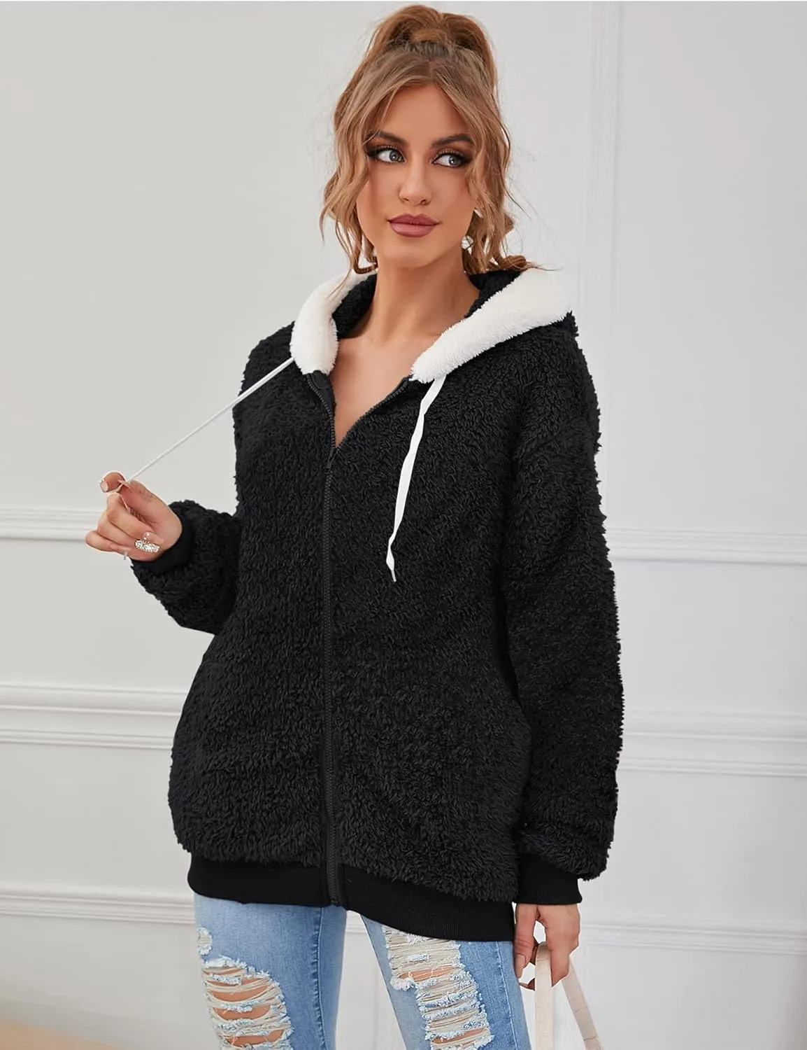 Micoson Women Fashion Color Block Faux Shearling Coat Warm Hooded Zip Up Fuzzy Winter Jacket with Pockets