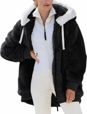 Micoson Women Fashion Color Block Faux Shearling Coat Warm Hooded Zip Up Fuzzy Winter Jacket with Pockets