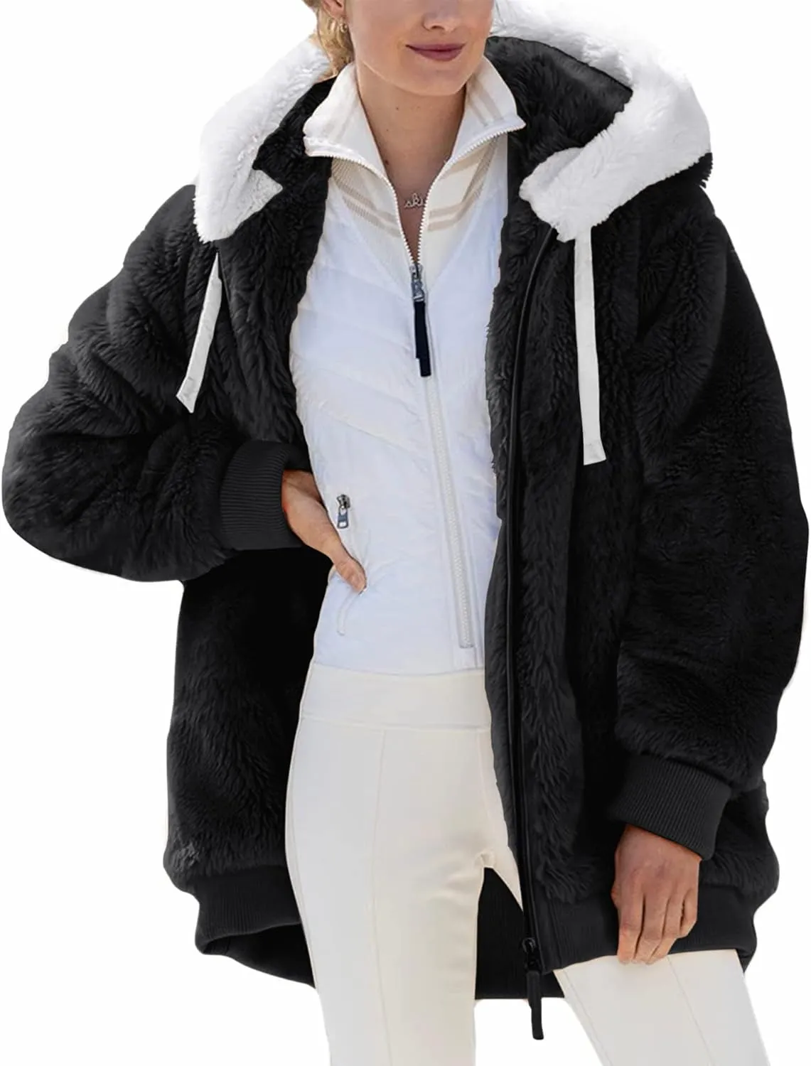 Micoson Women Fashion Color Block Faux Shearling Coat Warm Hooded Zip Up Fuzzy Winter Jacket with Pockets