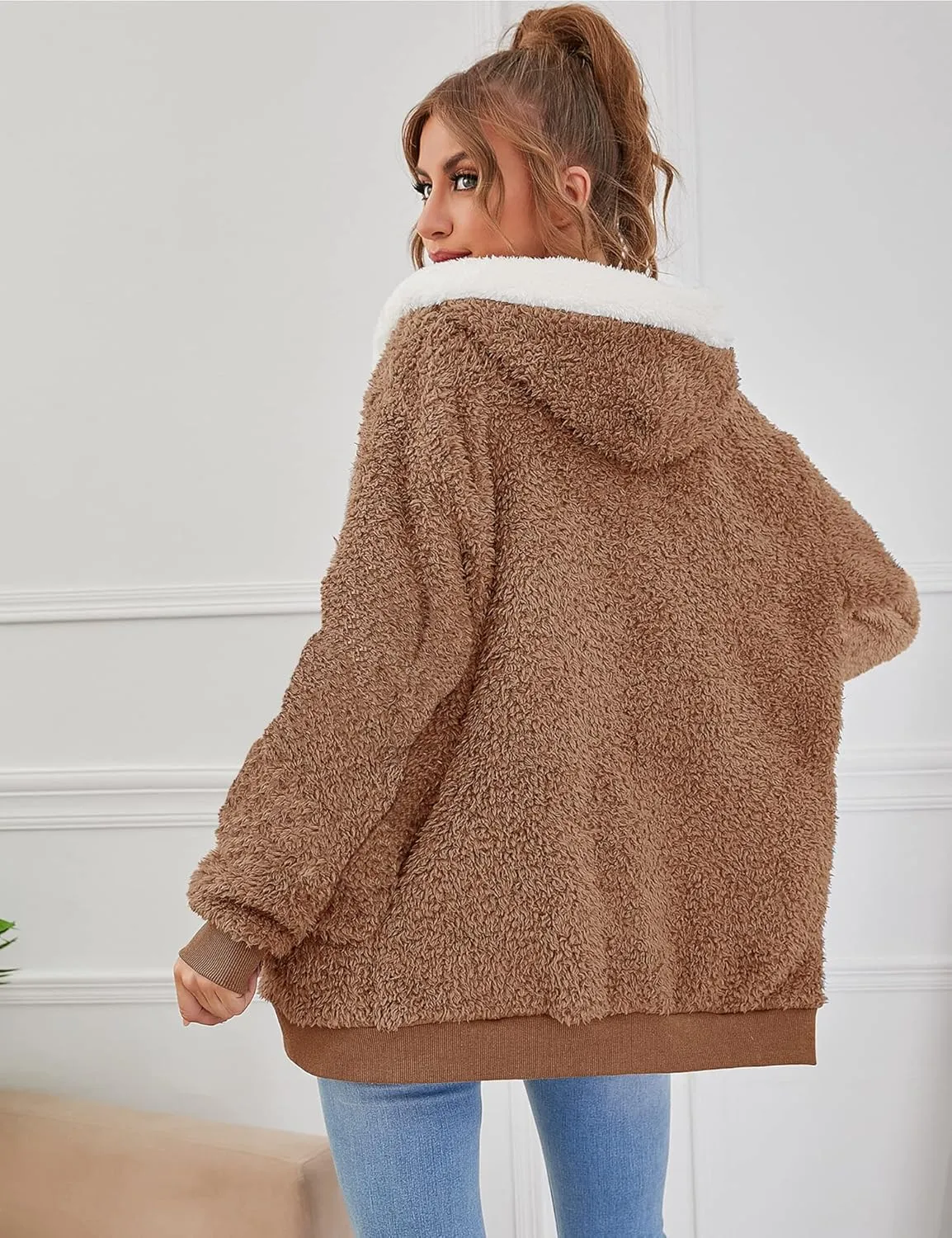 Micoson Women Warm Hooded Zip Up Fuzzy Winter Jacket with Pockets