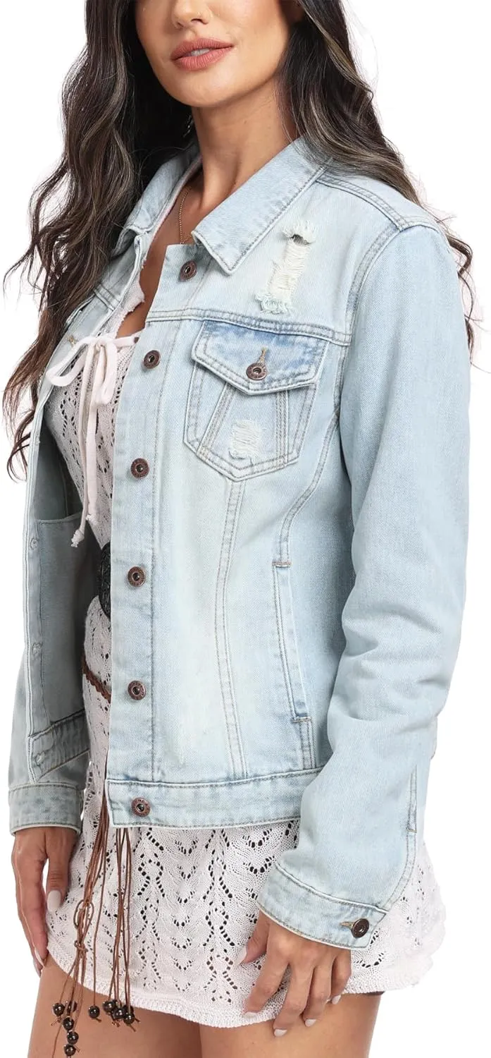 MISS MOLY 2024 Jean Jacket For Women Distressed Ripped Casual Long Sleeve Classic Denim Trucker Jacket Coats With Pockets