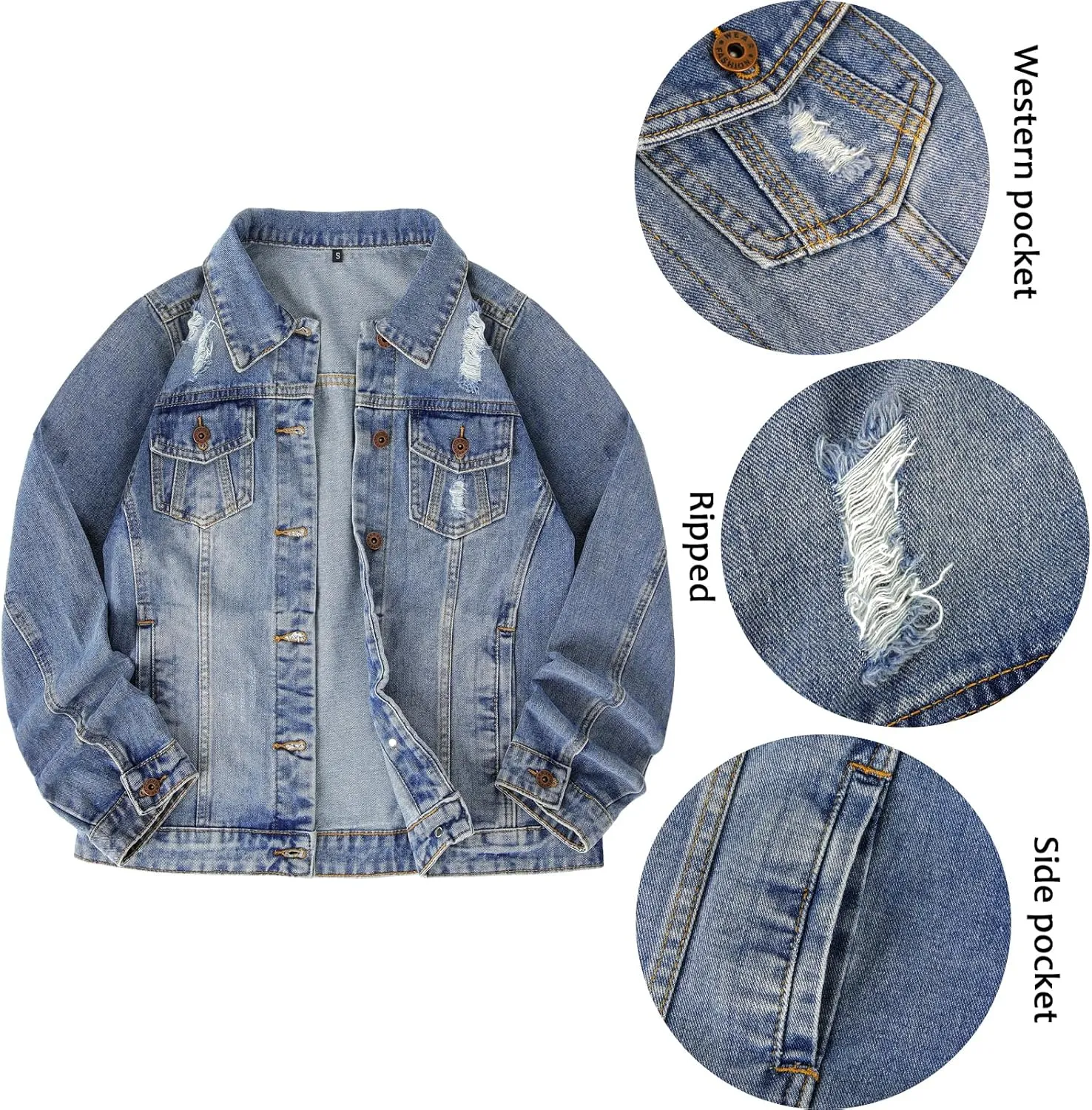 MISS MOLY 2024 Jean Jacket For Women Distressed Ripped Casual Long Sleeve Classic Denim Trucker Jacket Coats With Pockets