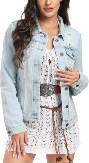 MISS MOLY 2024 Jean Jacket For Women Distressed Ripped Casual Long Sleeve Classic Denim Trucker Jacket Coats With Pockets
