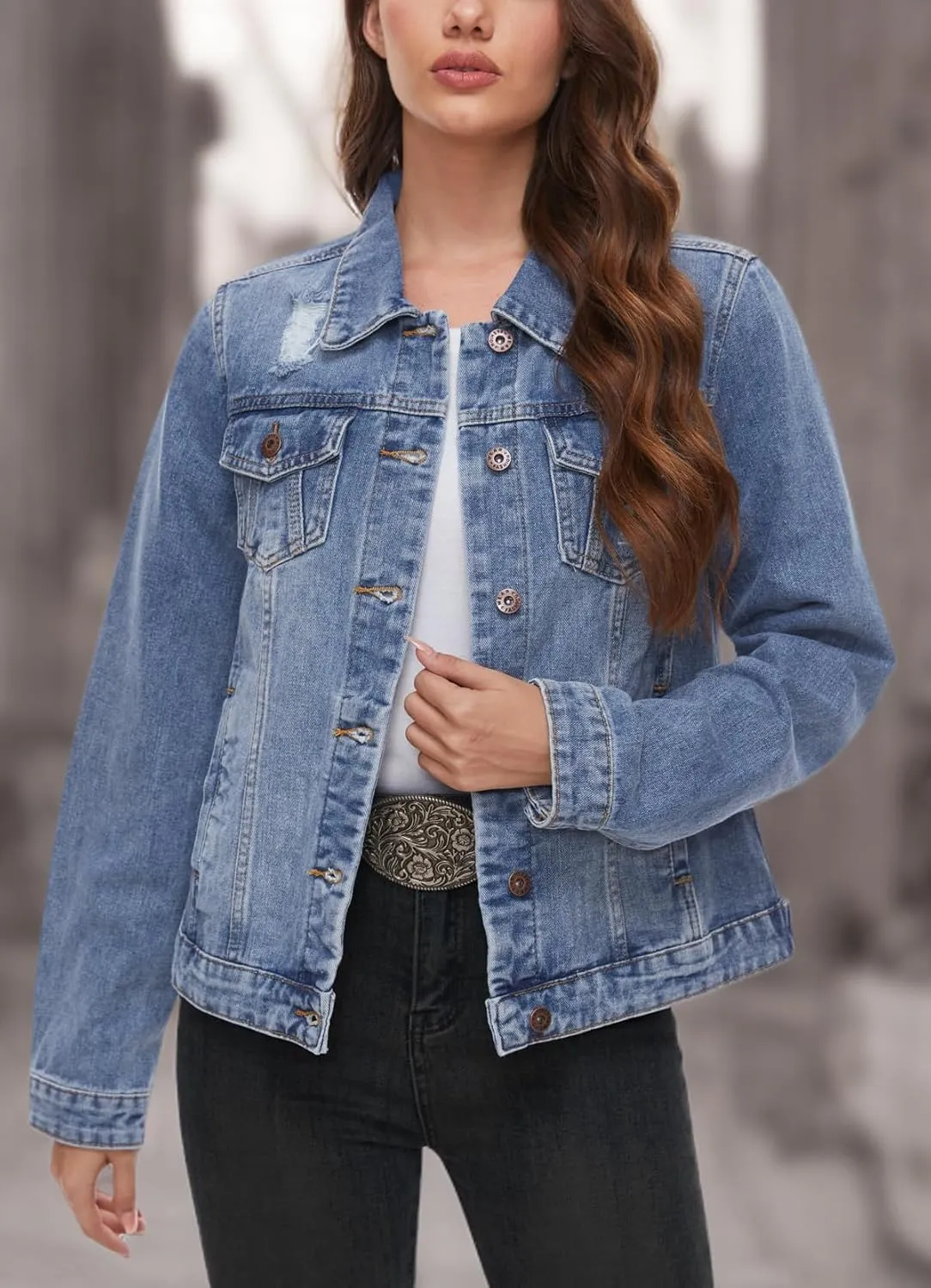 MISS MOLY 2024 Jean Jacket For Women Distressed Ripped Casual Long Sleeve Classic Denim Trucker Jacket Coats With Pockets