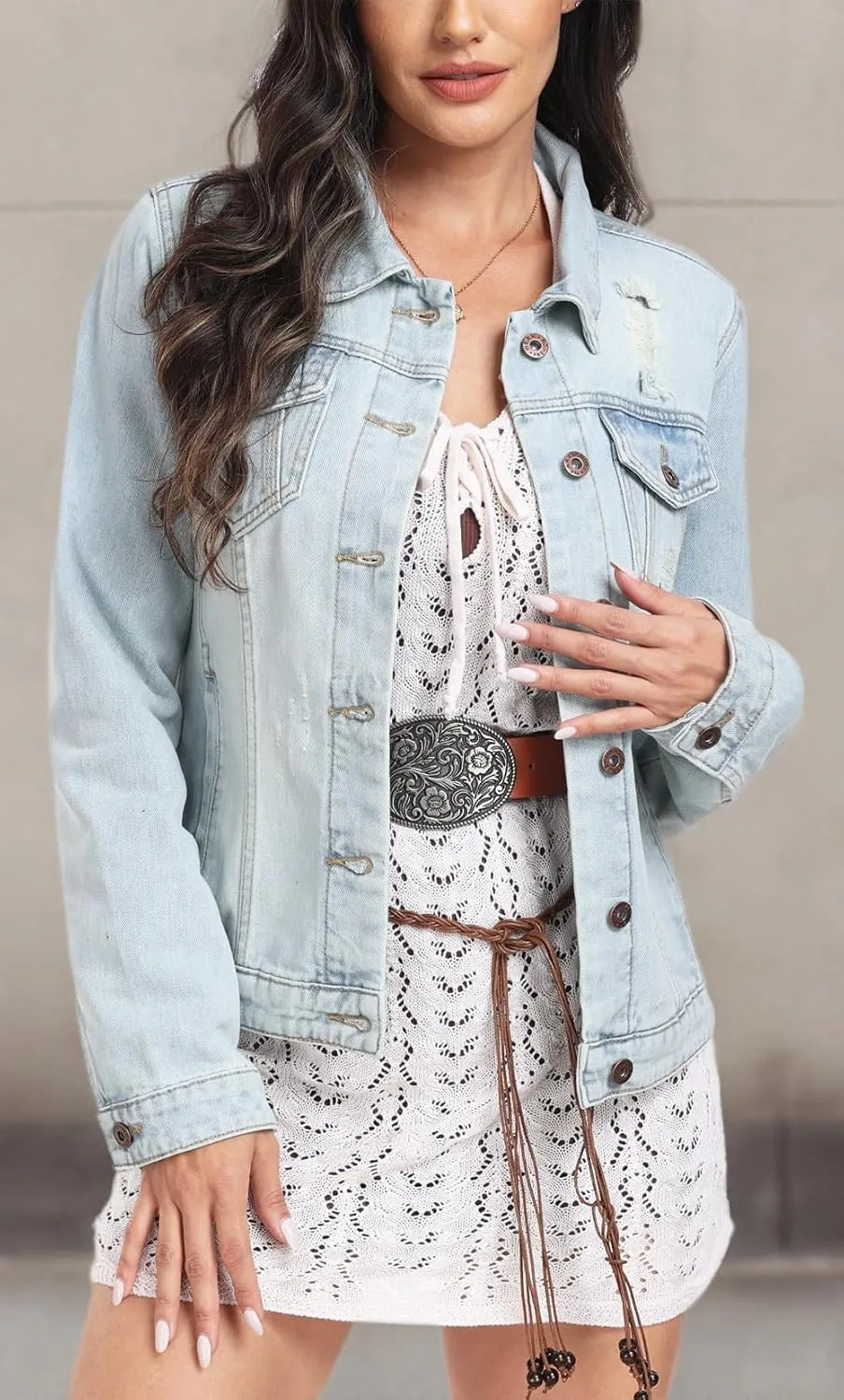 MISS MOLY 2024 Jean Jacket For Women Distressed Ripped Casual Long Sleeve Classic Denim Trucker Jacket Coats With Pockets