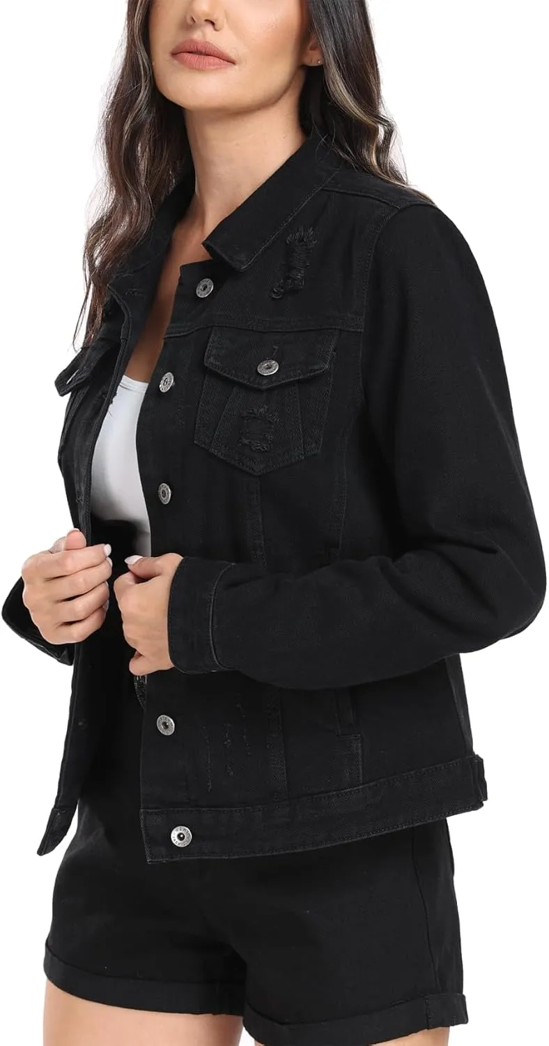 MISS MOLY 2024 Jean Jacket For Women Distressed Ripped Casual Long Sleeve Classic Denim Trucker Jacket Coats With Pockets