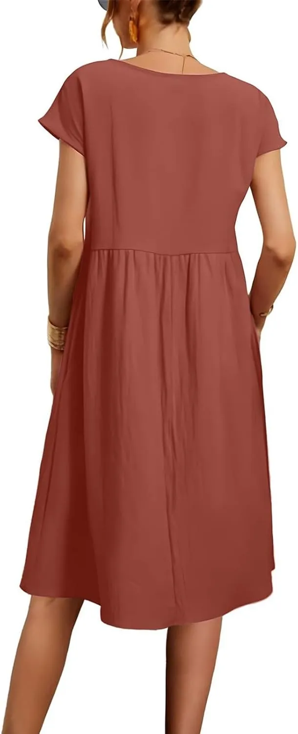 Miyaomn Women's Summer Midi Dresses Casual Cap Sleeve Crewneck A Line Swing Flowy Beach Sundress with Pockets T Shirts Dress
