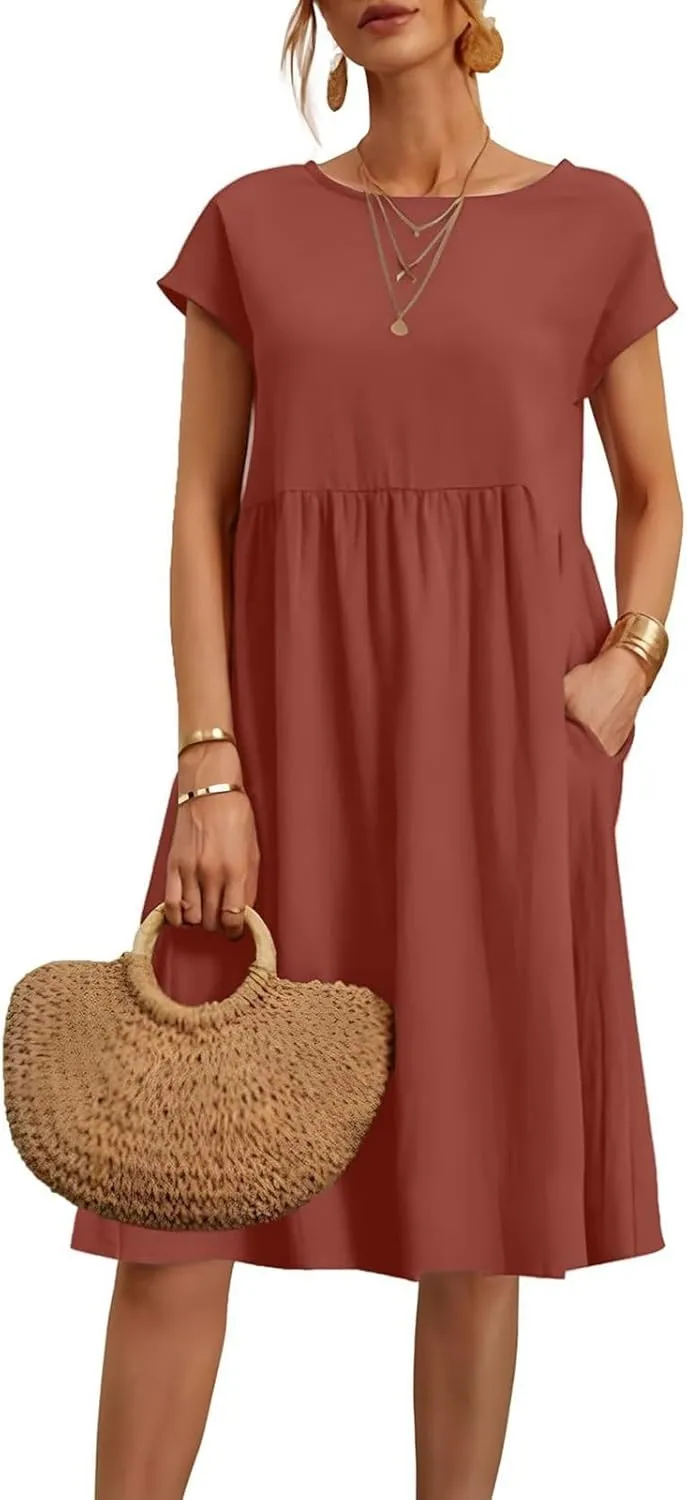 Miyaomn Women's Summer Midi Dresses Casual Cap Sleeve Crewneck A Line Swing Flowy Beach Sundress with Pockets T Shirts Dress