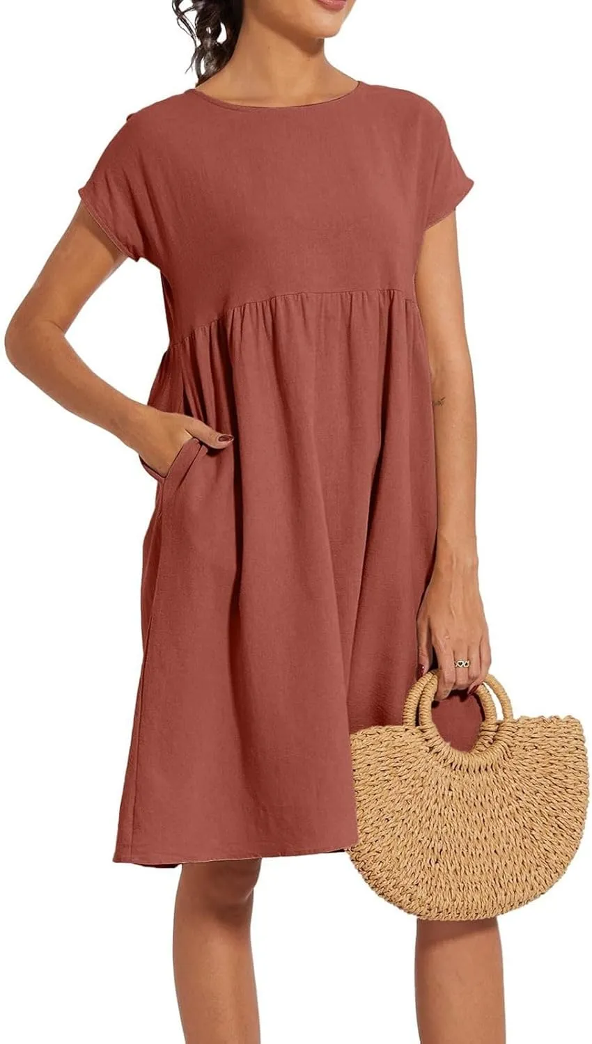Miyaomn Women's Summer Midi Dresses Casual Cap Sleeve Crewneck A Line Swing Flowy Beach Sundress with Pockets T Shirts Dress