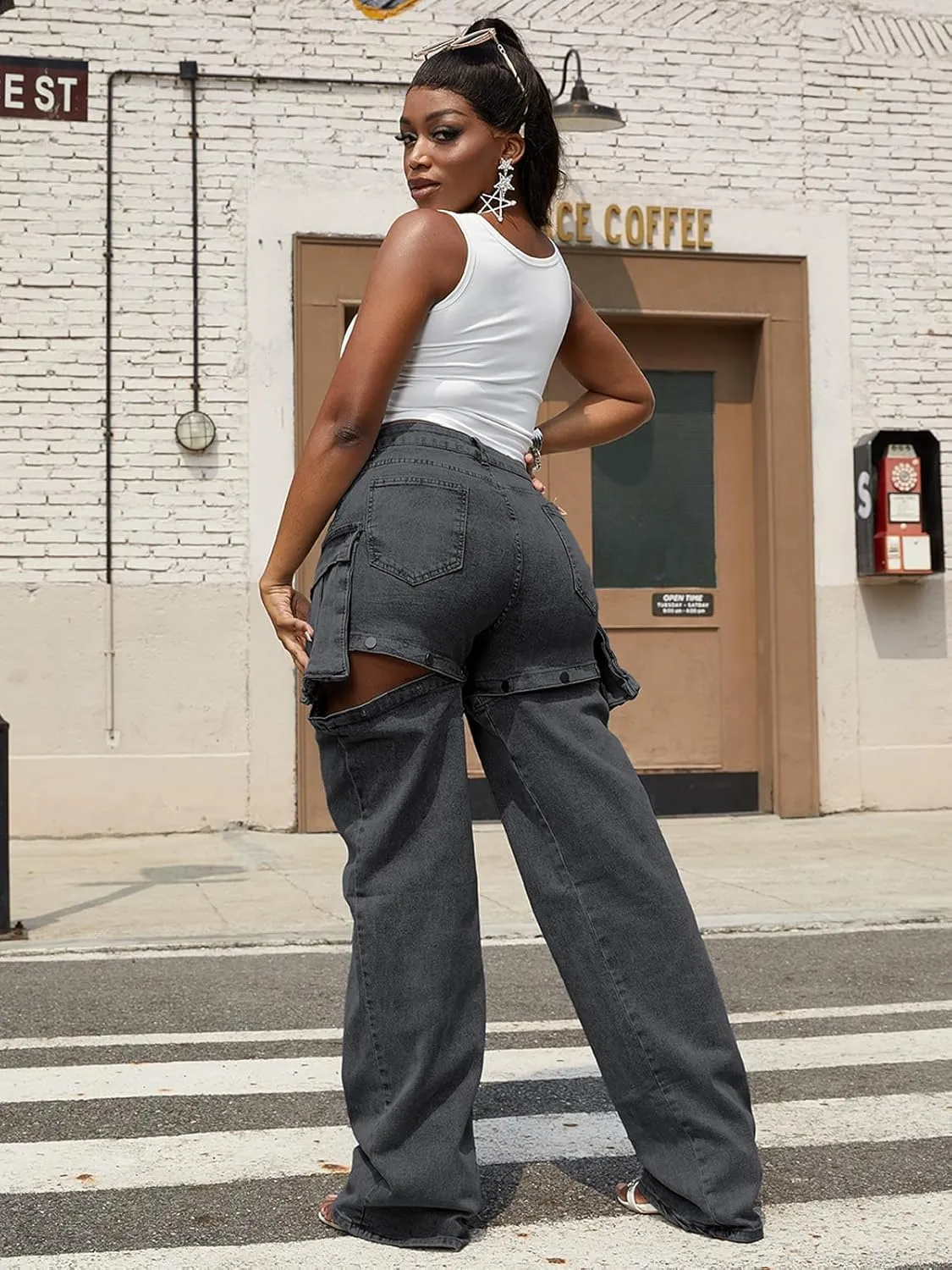 Molisry Women's Cargo Jeans Streetwear High Waisted Convertible Cutout Lounge Stretch Denim Cargo Pants